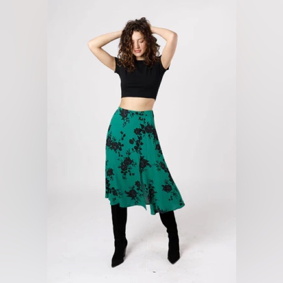 NWT Band Of The Free ETTA EMERALD FLORAL MIDI SKIRT Bohemian Split Button decor - Picture 3 of 5